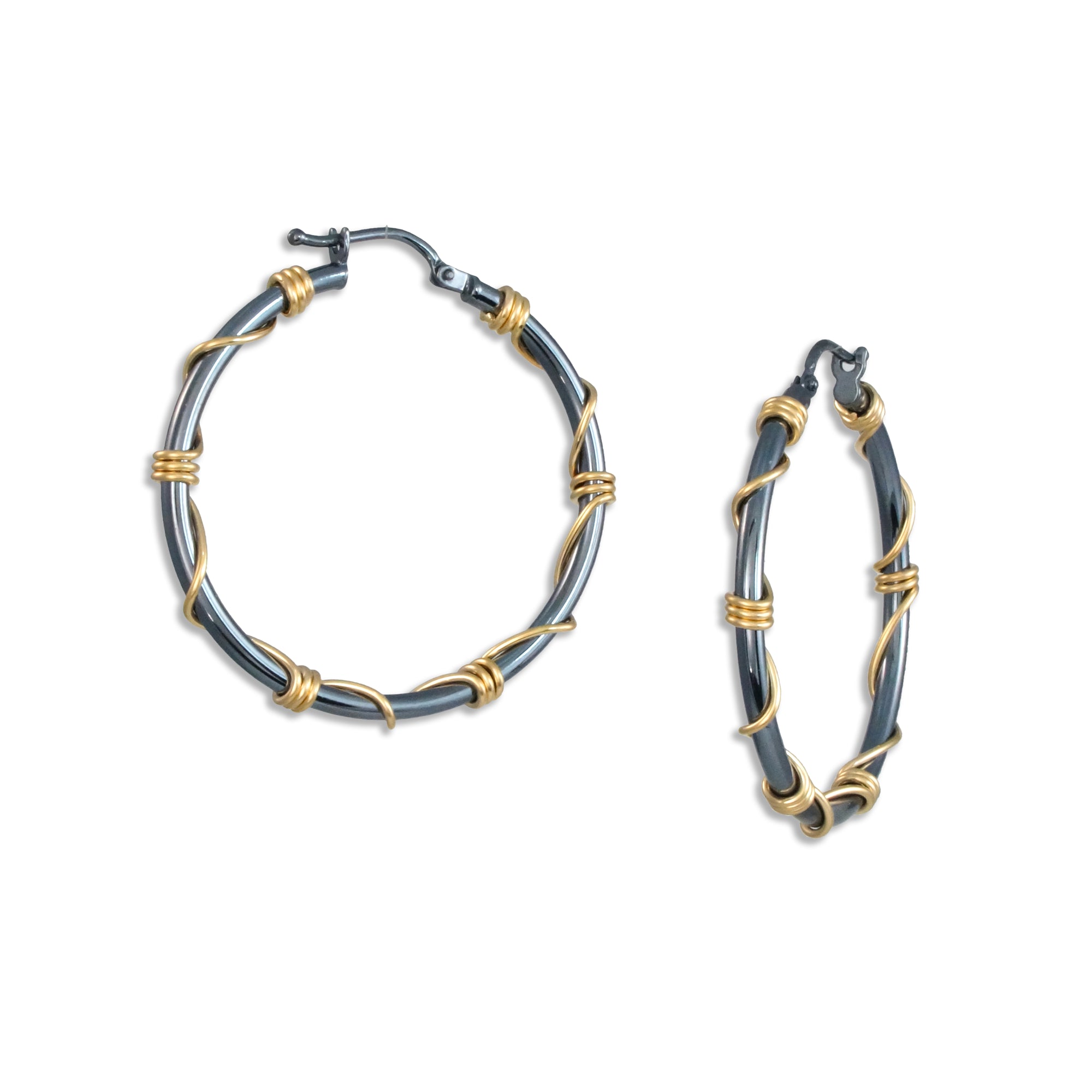 Unique Hoop Earrings - Black and Gold Wrapped