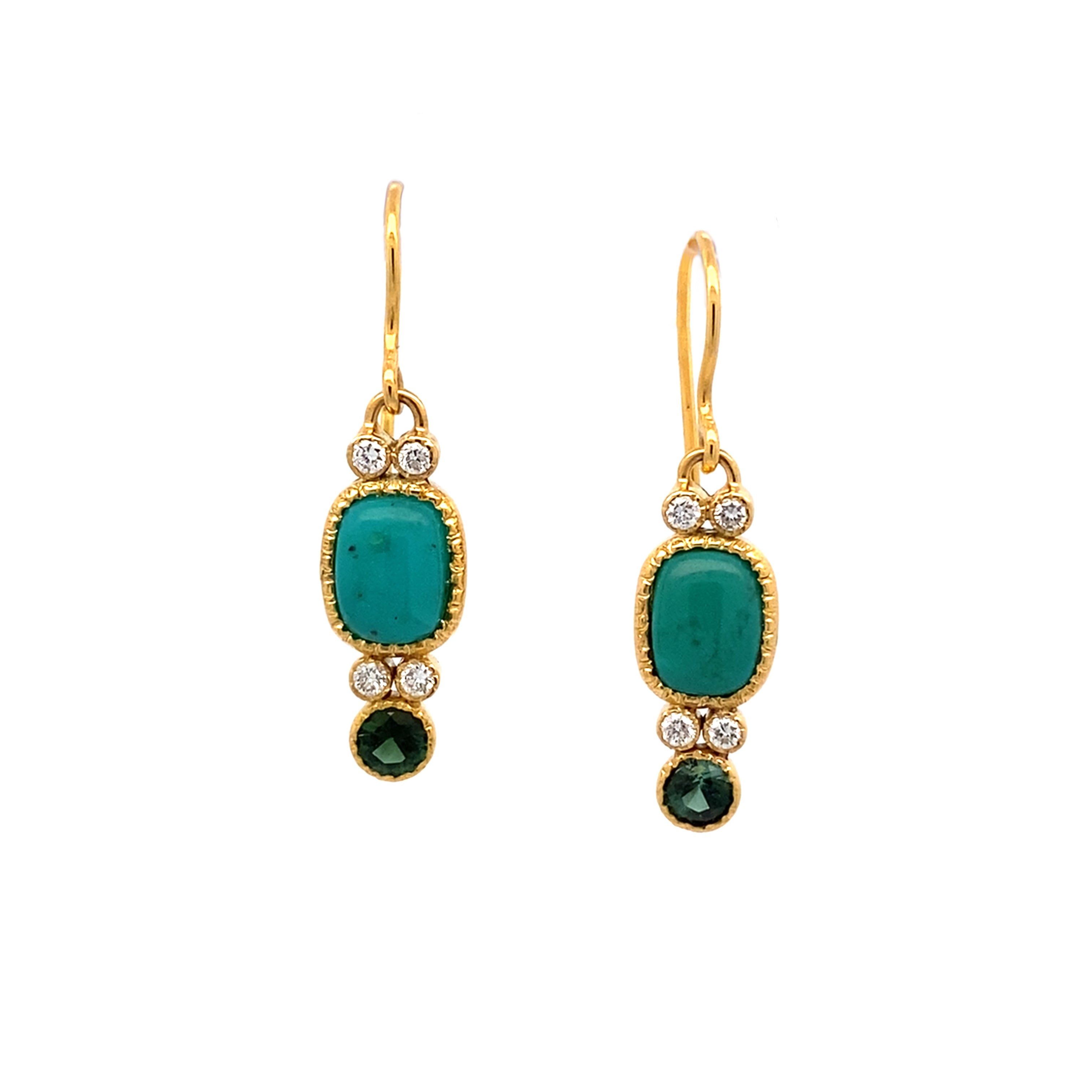 14k Gold Gem Quality Gem Silica, Tourmaline & Diamond Earrings
