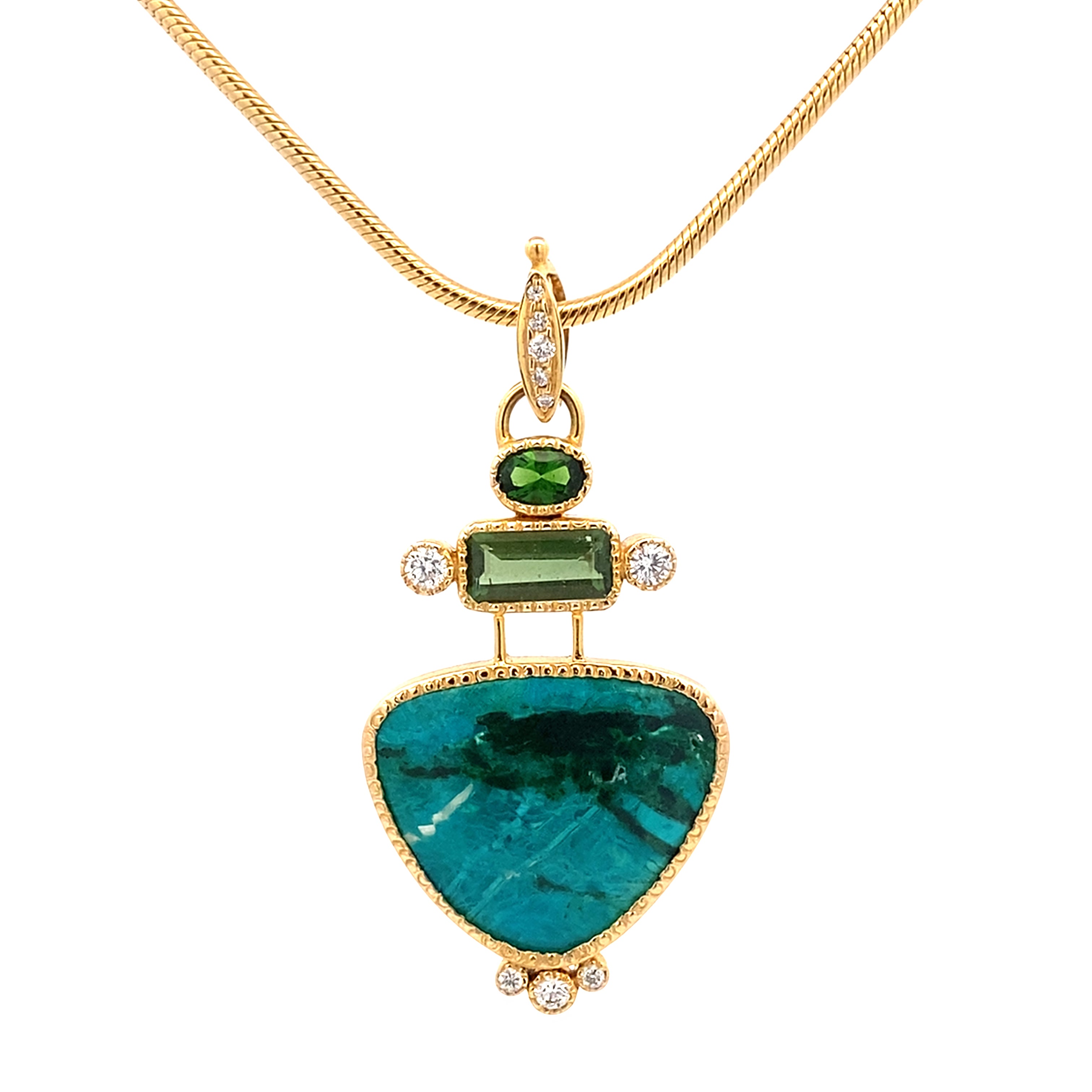 Gold necklace with a gem silica gemstone pendant on a white background