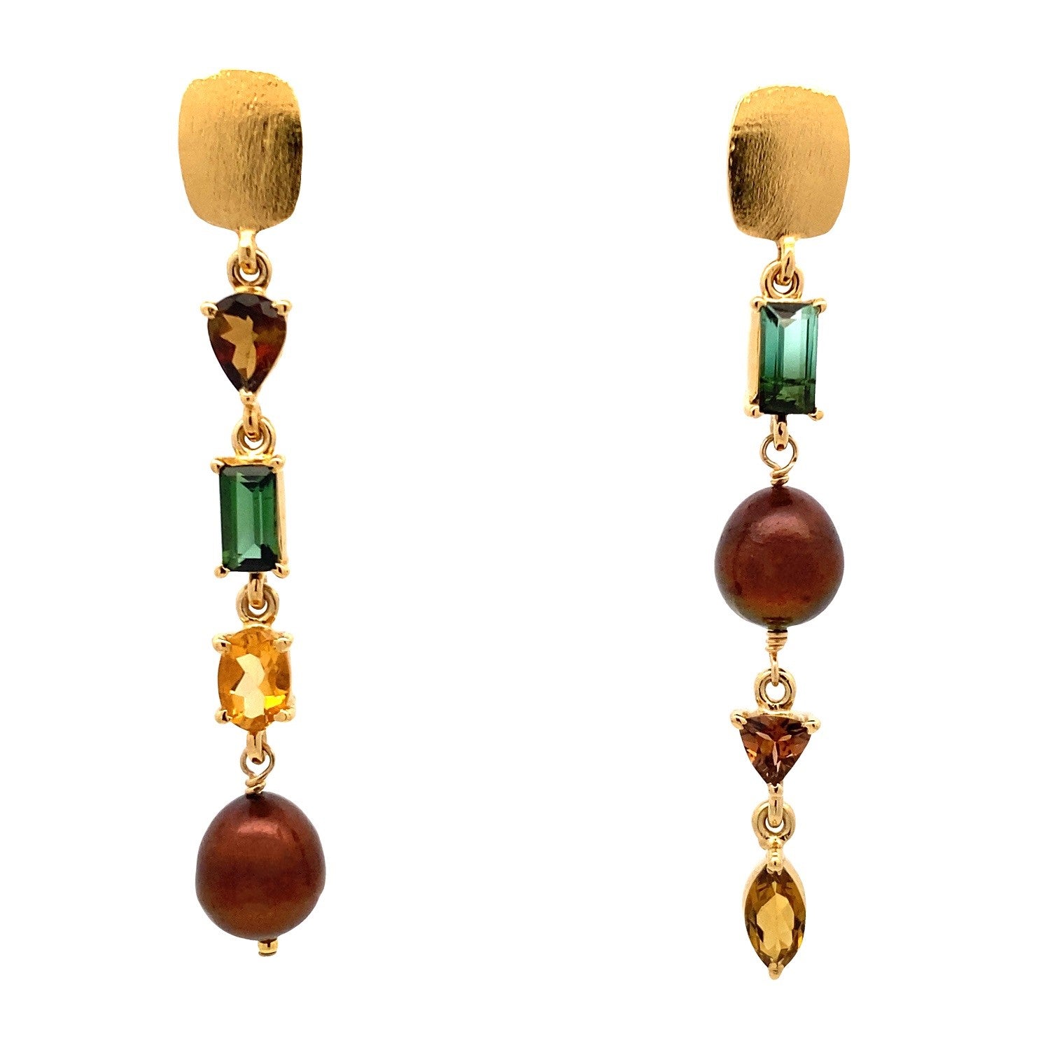 Asymmetrical Tourmaline and Bronze Pearl Gold Top Earrings