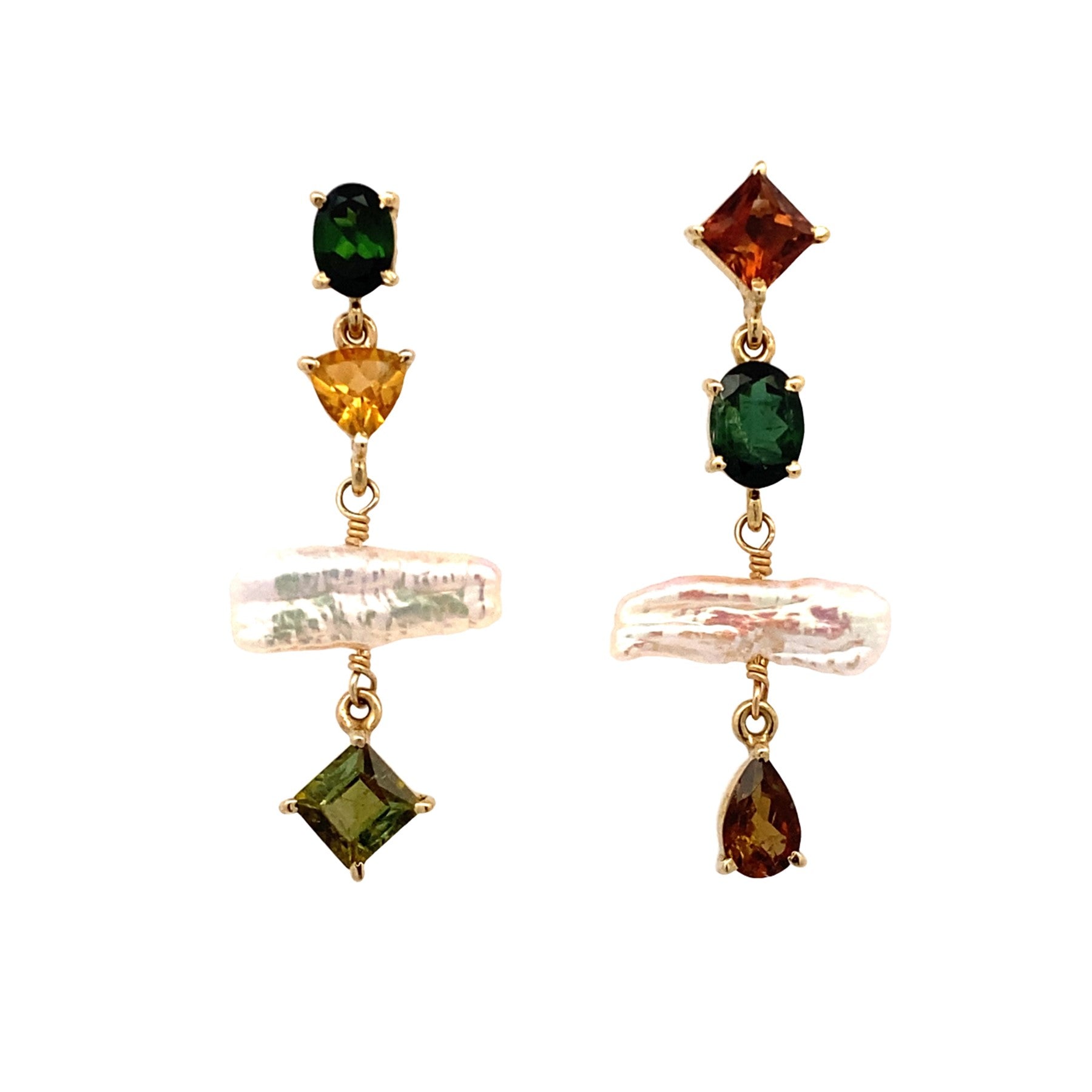 Tourmaline and Pink Stick Pearl Gold Earring