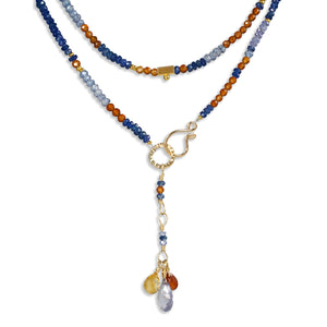 Multi Gemstone Necklace/Wrapped Bracelet with Sapphire, Hessonite, Tanzanite in Gold