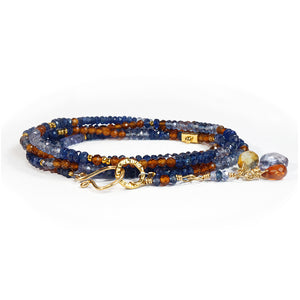 Multi Gemstone Necklace/Wrapped Bracelet with Sapphire, Hessonite, Tanzanite in Gold