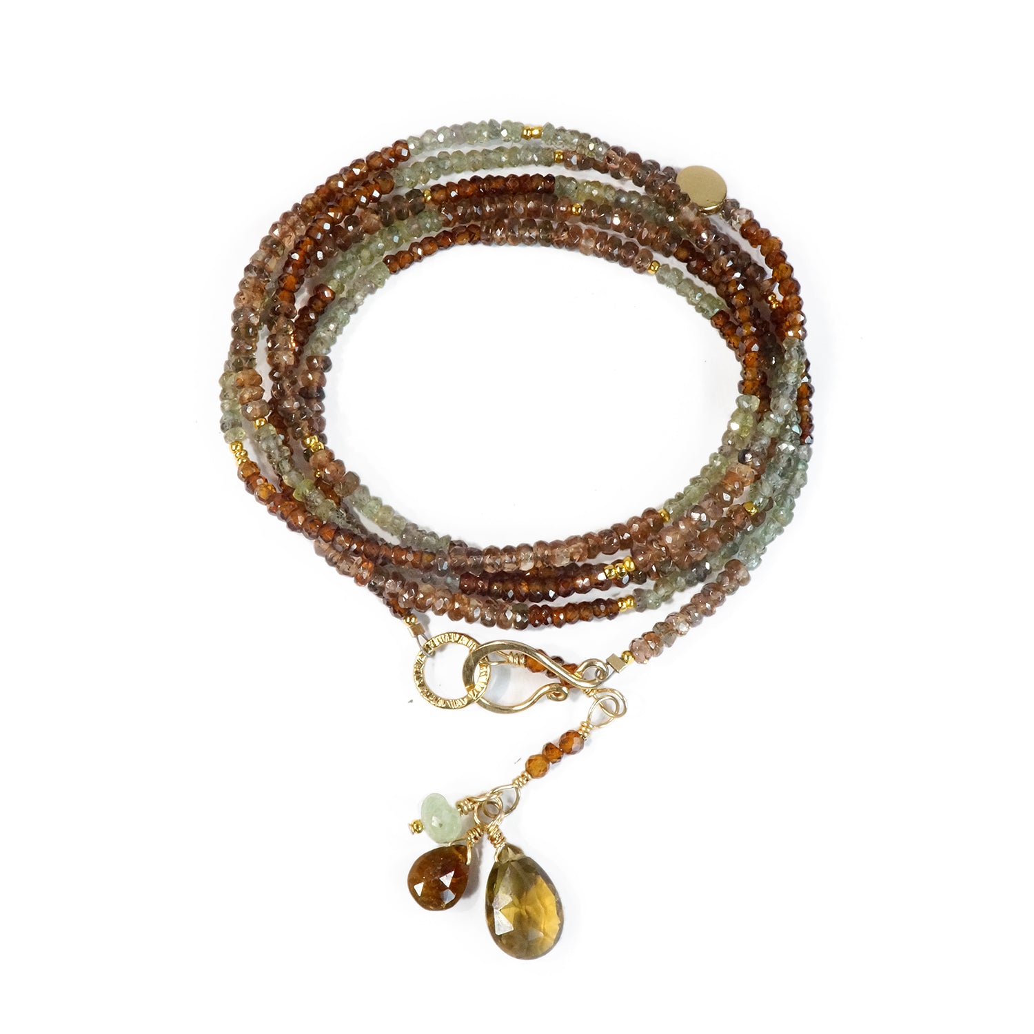 Multi Gemstone Necklace/Wrapped Bracelet with Andalusite and Green Sapphire in Gold