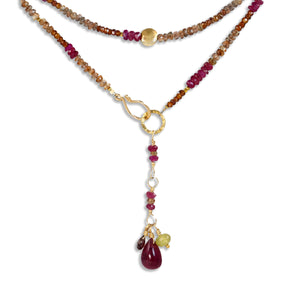 Multi Gemstone Gold Necklace/Wrapped Bracelet with Andalusite and Ruby - Long