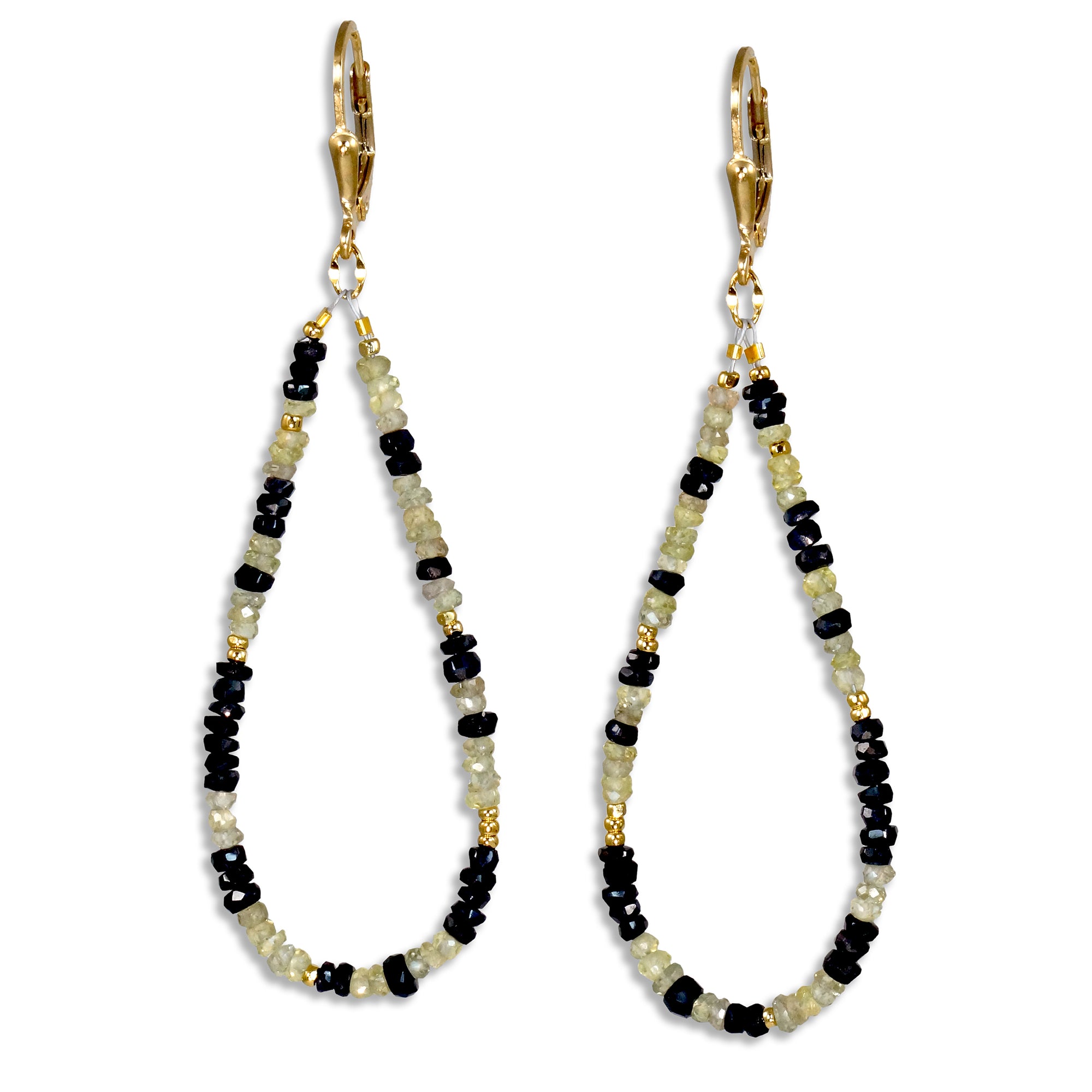 Gold Leverback Earrings with Black Sapphire & Green Sapphire - Large