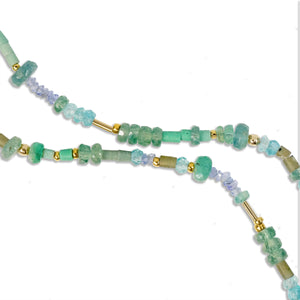 Multi Gemstone Gold Necklace with Green Amethyst, Emerald, Apatite, Tanzanite