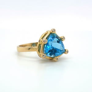 14K Swiss Blue Topaz Trillion Cut and Diamond Ring