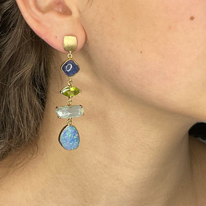 14k Gold Asymmetrical Opal, Tanzanite & Multi-Stone Earrings
