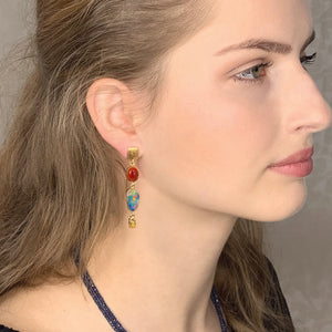 14k Gold Asymmetrical Opal, Carnelian & Multi-Stone Earrings