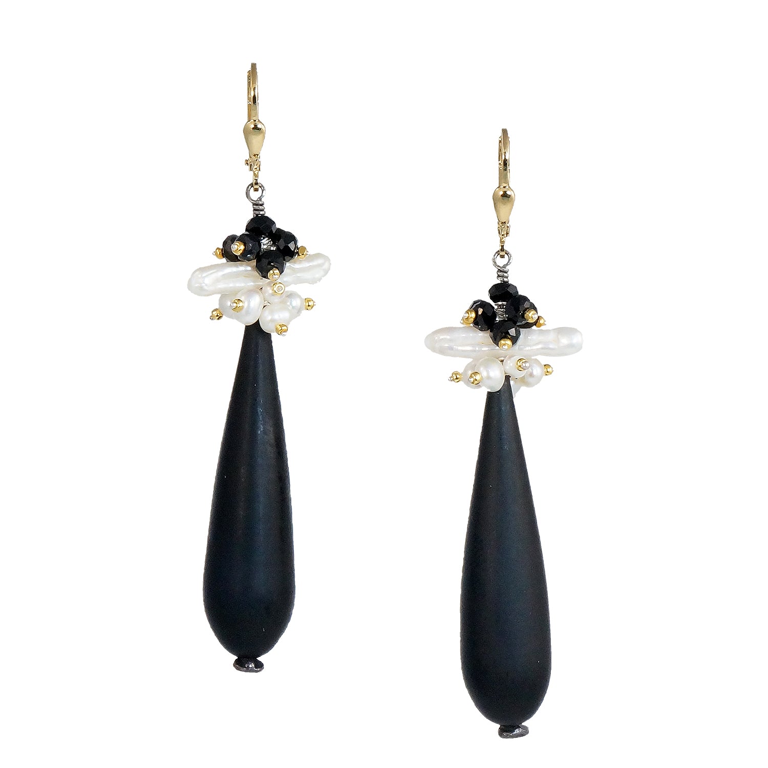 Vintage French Glass Earrings with Black Spinel and Pearls