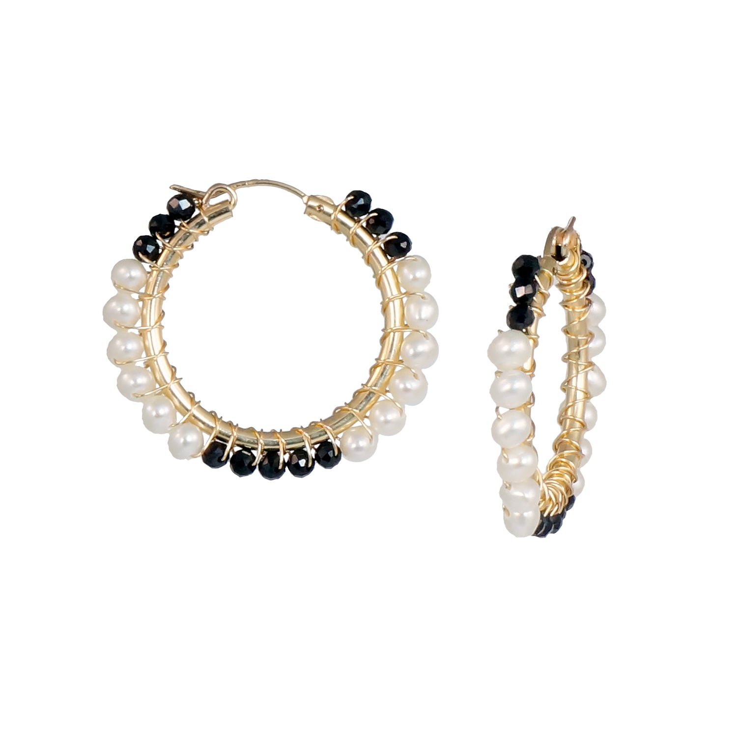 Spinel and Pearl Simple Gold Hoop Earrings