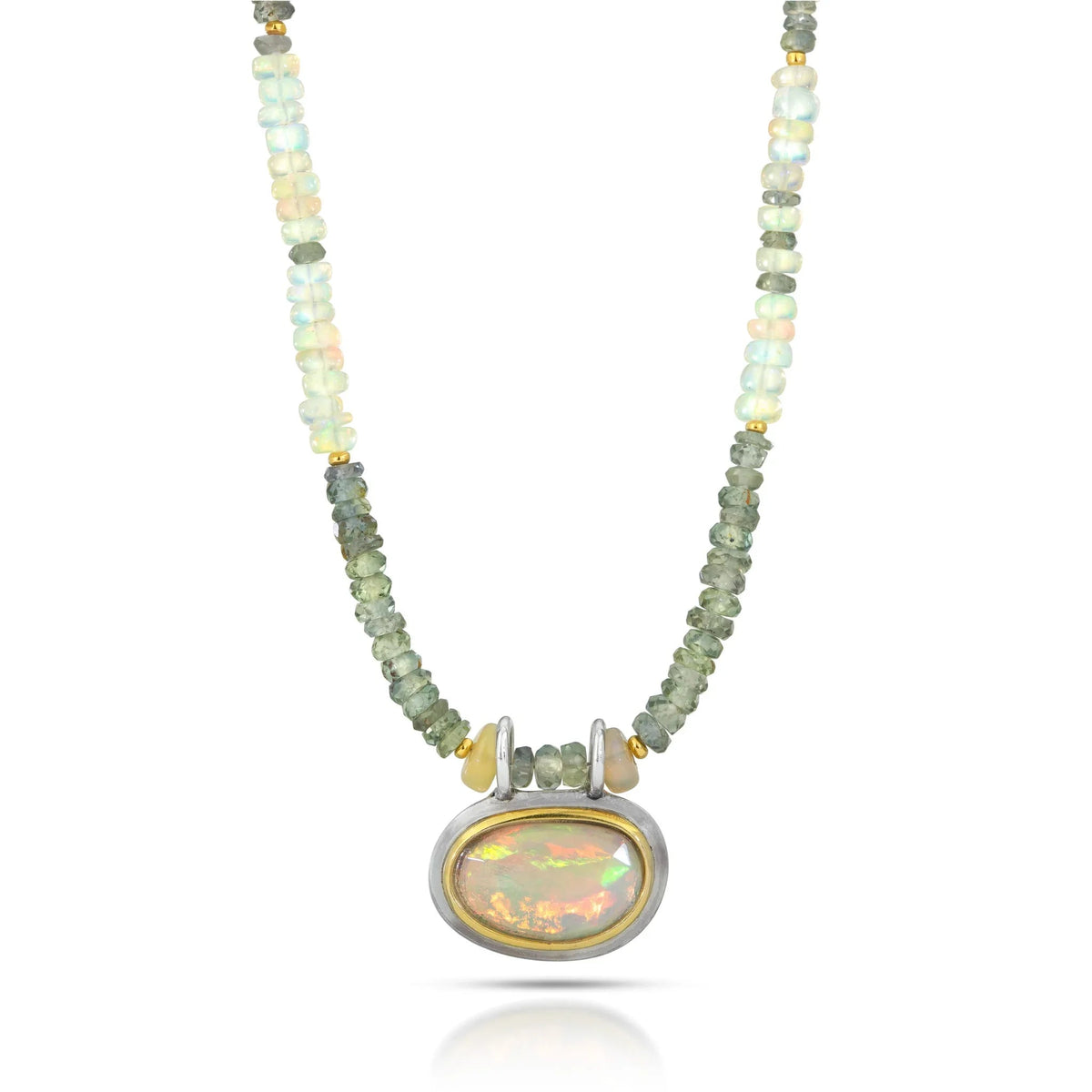 One of a Kind Gemstone Necklace of White Opal and Green Sapphire with Opal Pendant - Q Evon Fine Jewelry