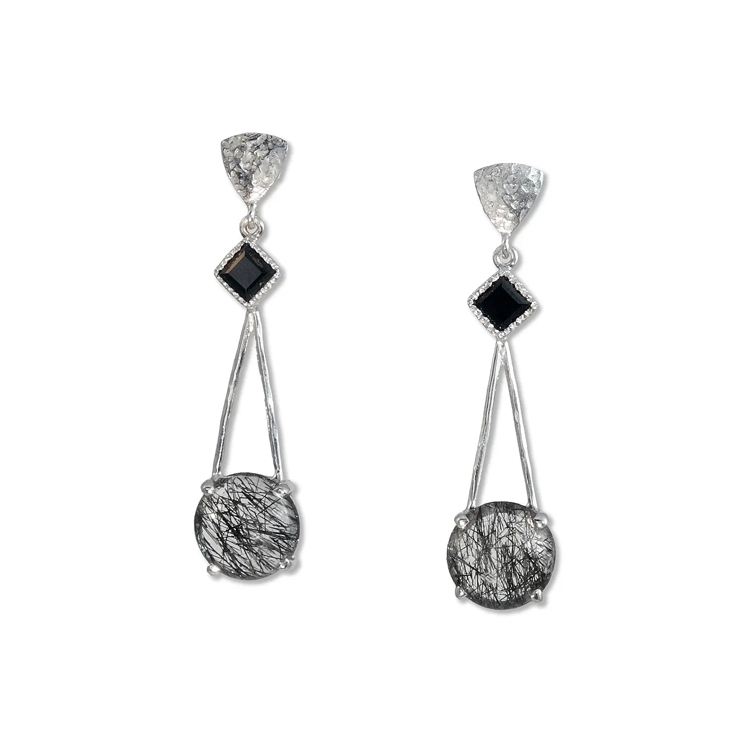 Silver Triangle Drop Earrings - Tourmalinated Quartz - Q Evon Fine Jewelry