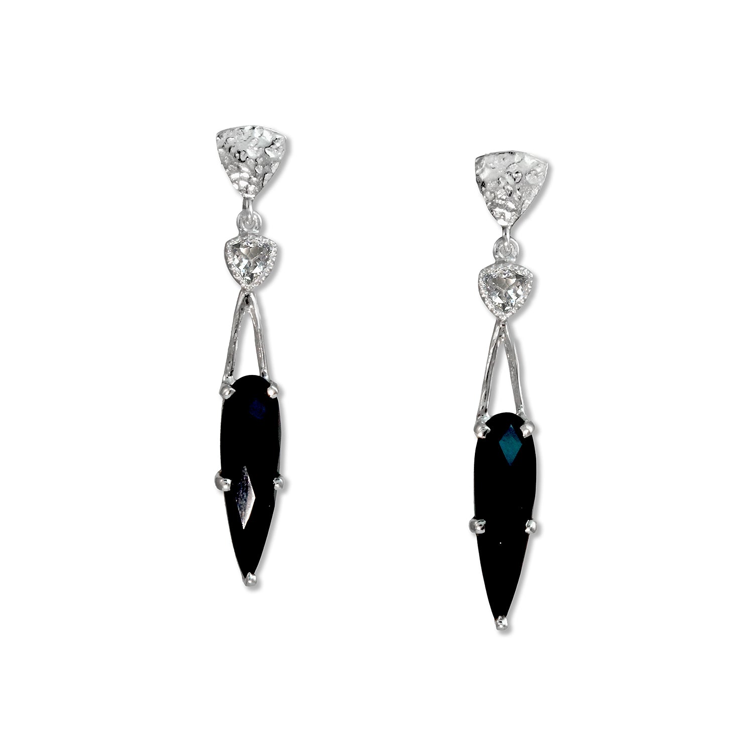 Silver Triangle Top Black Spinel and White Topaz Earrings