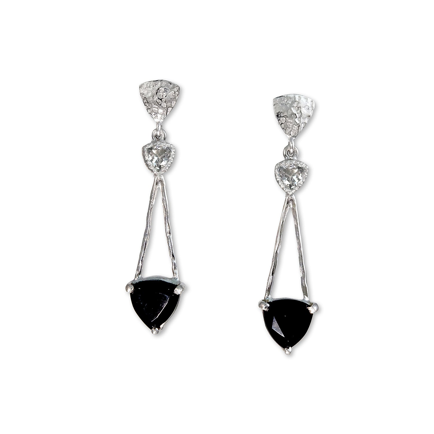 Silver Triangle Drop Black Spinel Earrings