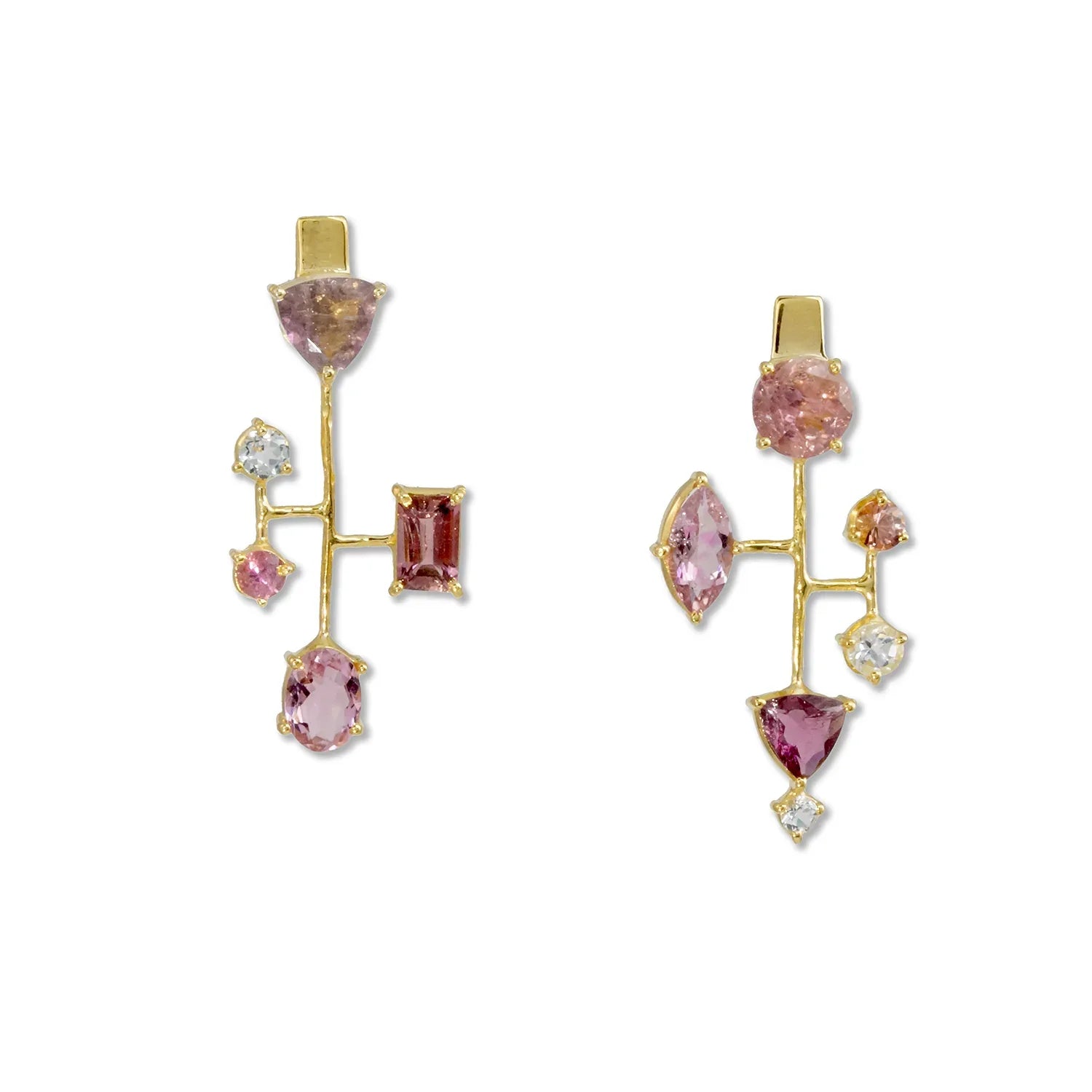 14k Gold Asymmetrical Tourmaline and Sapphire Earrings - Q Evon Fine Jewelry