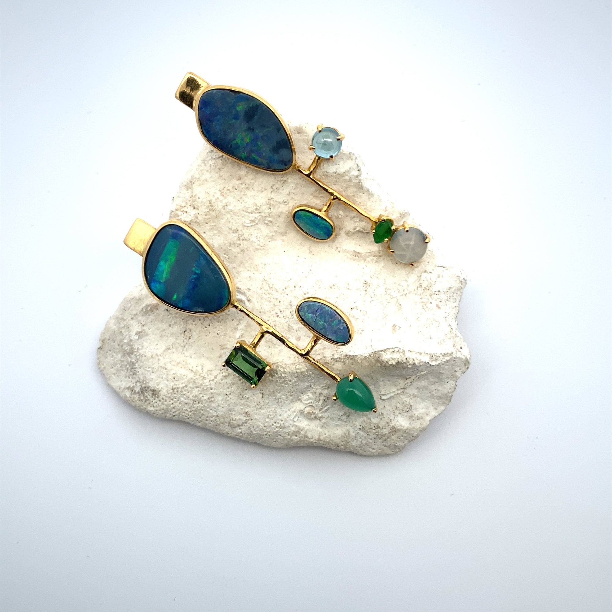 14k Gold Asymmetrical Tourmaline, Australian Black Opal, Emerald, Star Sapphire Earrings