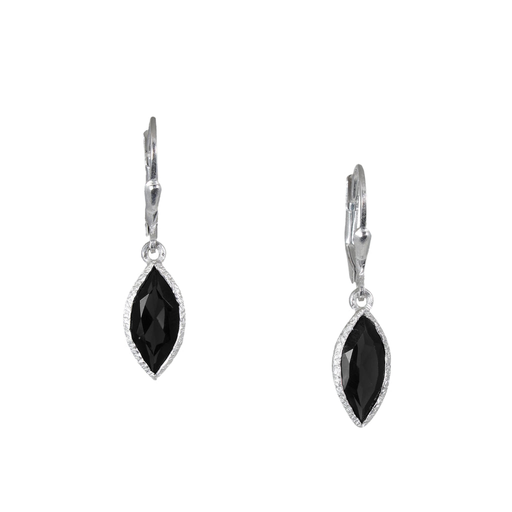 Pair of black teardrop earrings on a white background