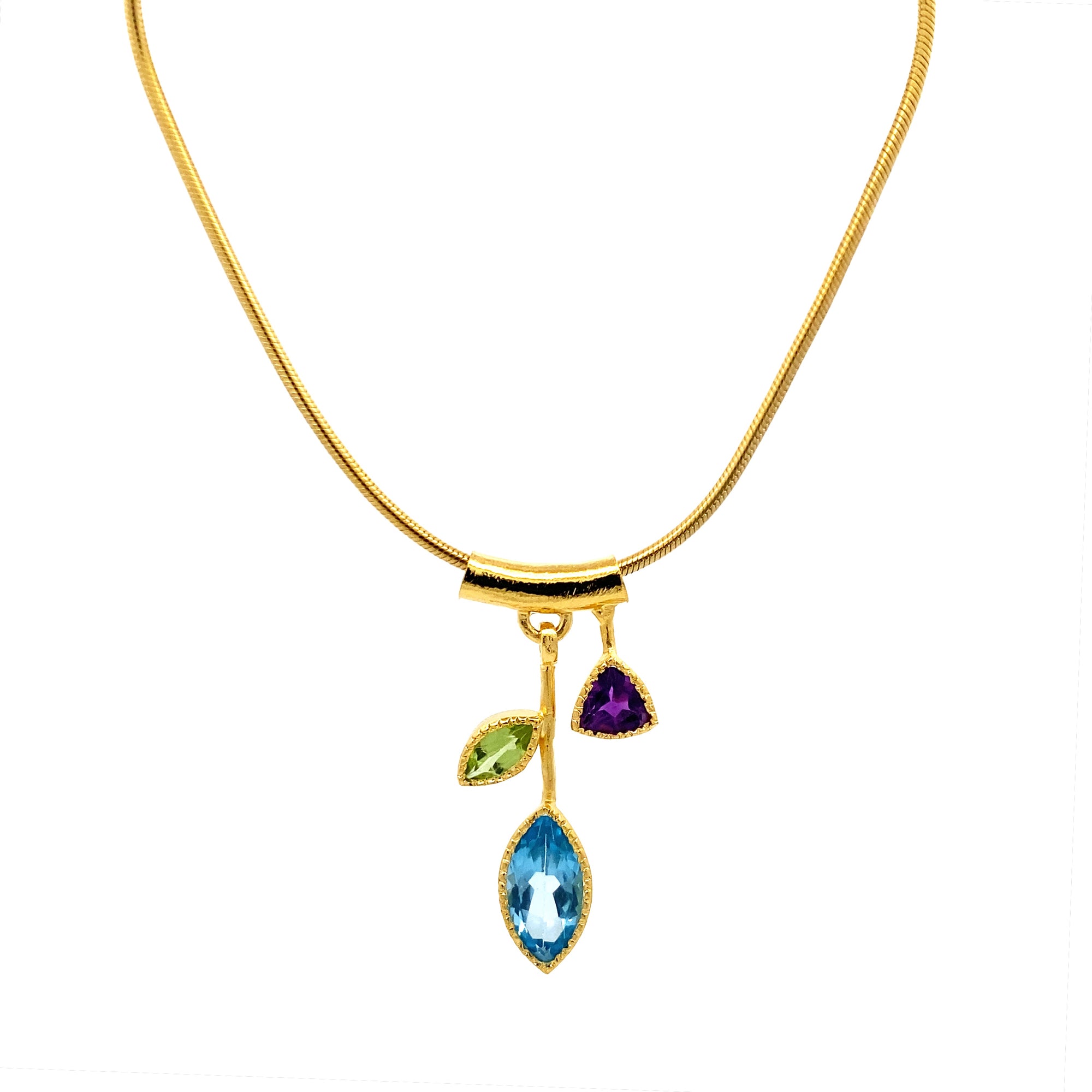 3 Stone Petal Pendant Blue Topaz - Gold