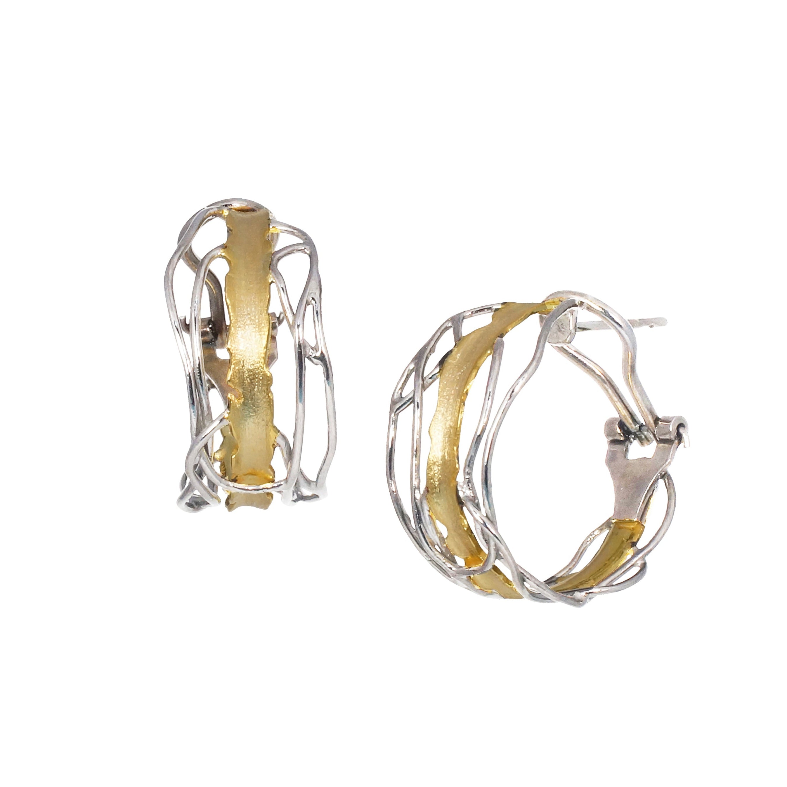 Silver and Gold Edge Post Earrings - Medium, Omega Clip