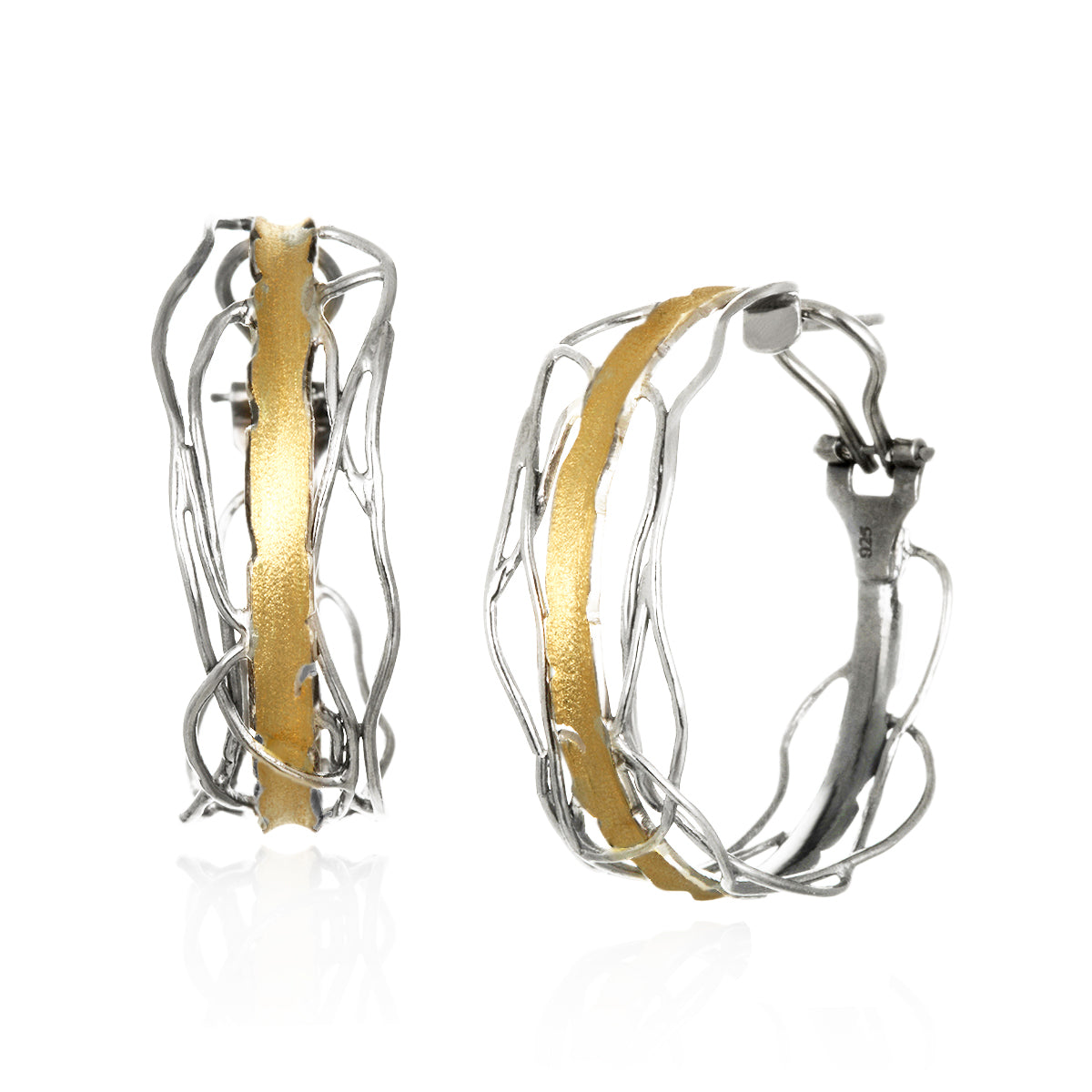 Silver and Gold Edge Post Earrings - Large, Omega Clip