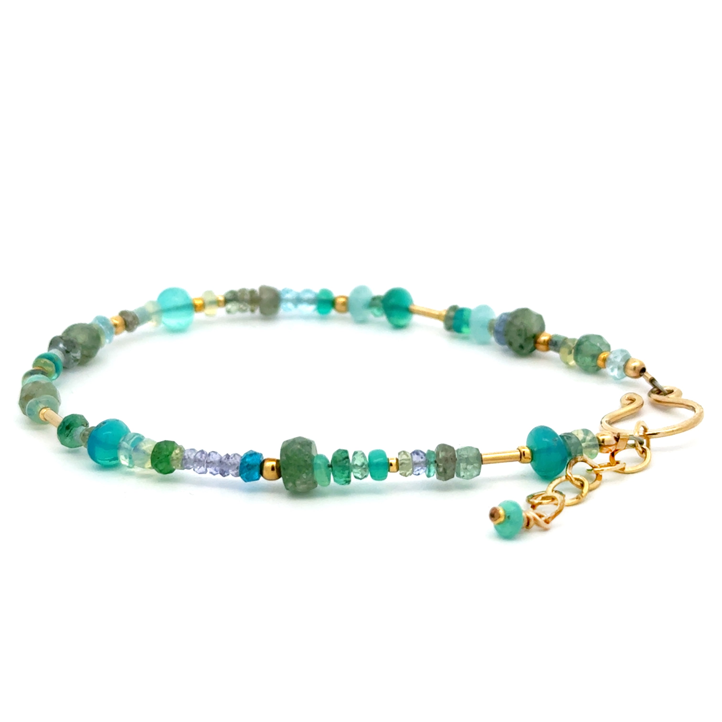 Gold Gemstone Bracelet with Opal, Emerald, Apatite, Tanzanite