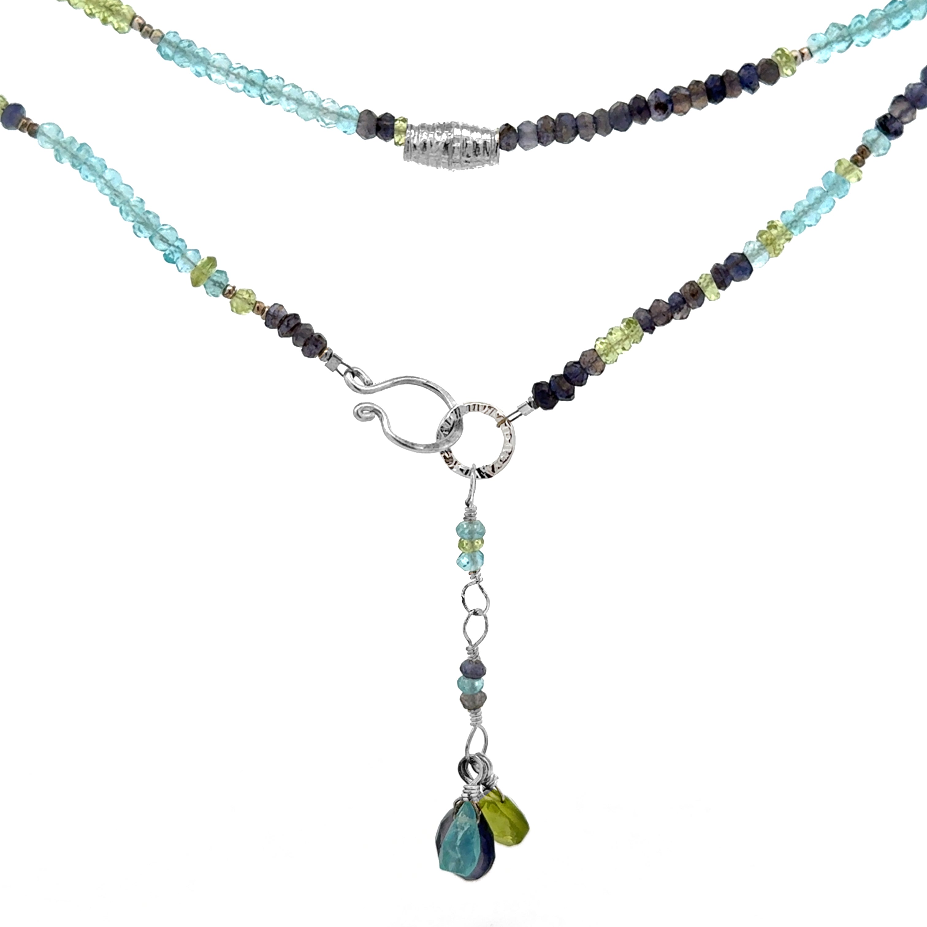 Multi Gemstone Necklace/Wrapped Bracelet with Iolite, Peridot, Apatite - Silver