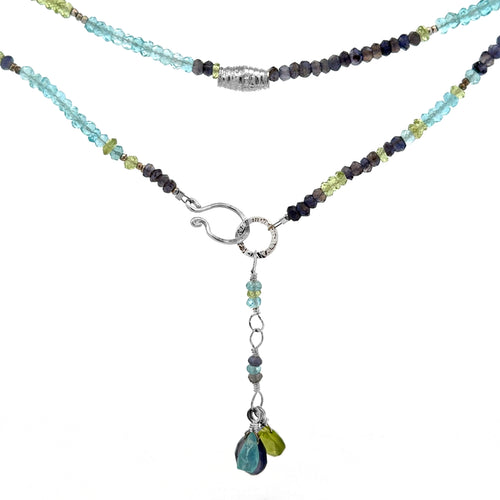 Multi Gemstone Necklace/Wrapped Bracelet with Iolite, Peridot, Apatite - Silver