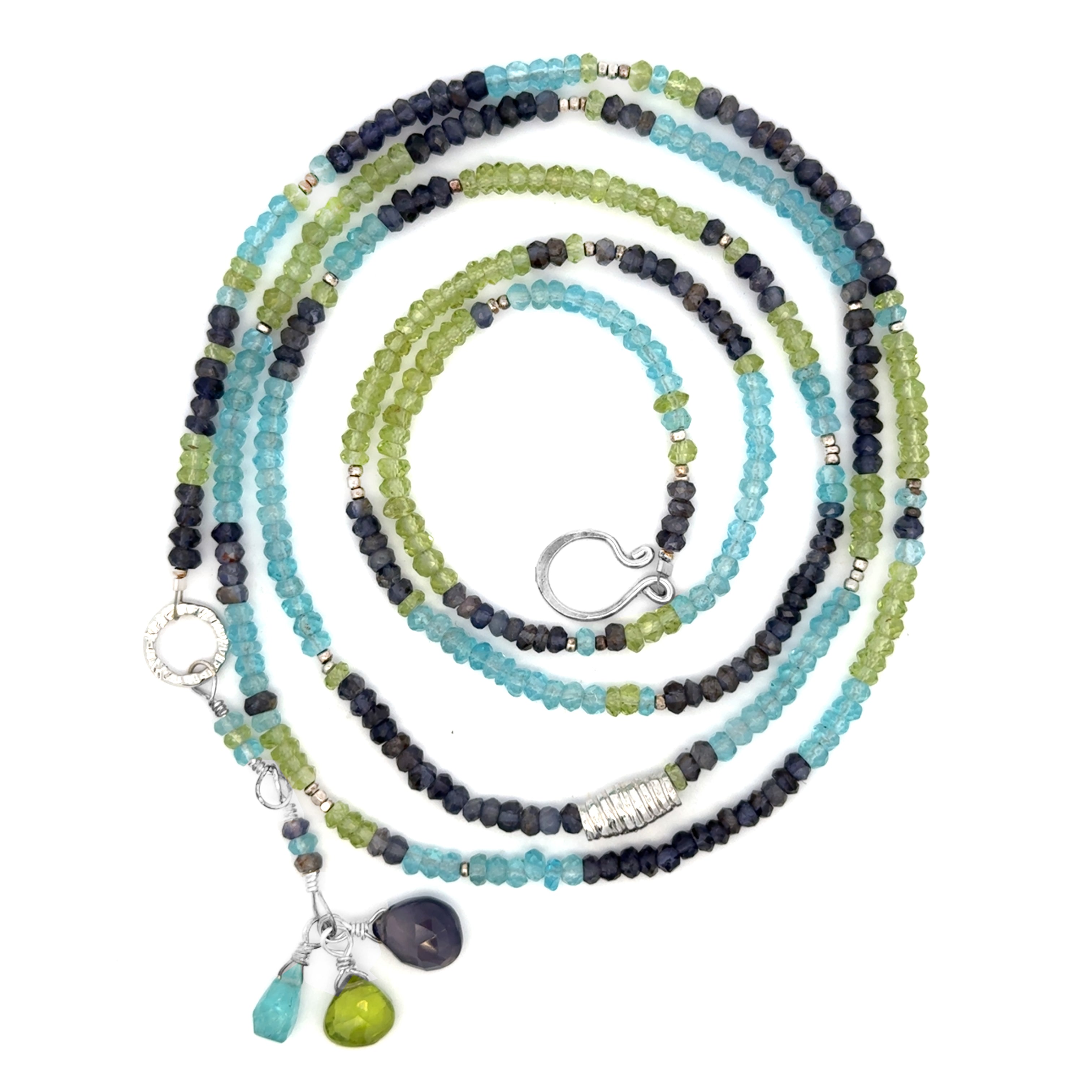 Multi Gemstone Necklace/Wrapped Bracelet with Iolite, Peridot, Apatite - Silver