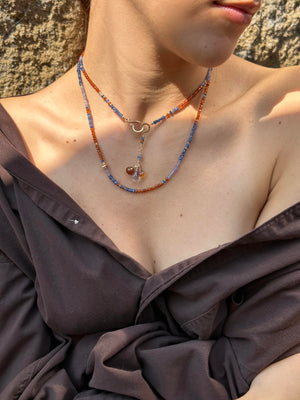 Multi Gemstone Necklace/Wrapped Bracelet with Sapphire, Hessonite, Tanzanite