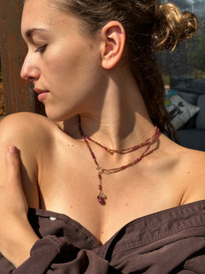Multi Gemstone Necklace/Wrapped Bracelet with Andalusite and Ruby - Long