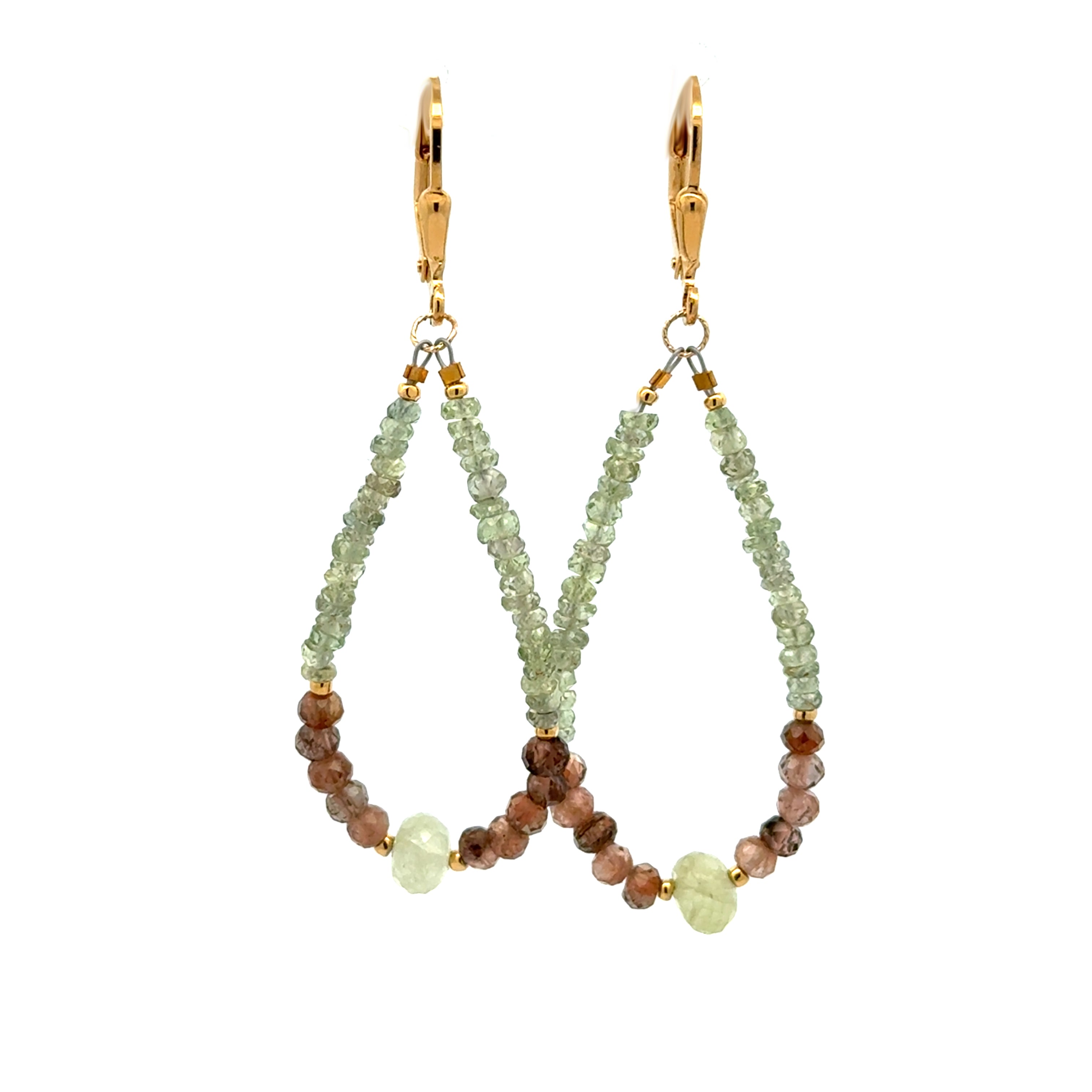 Gold Leverback Earrings with Green Garnet, Andalusite, Green Sapphire