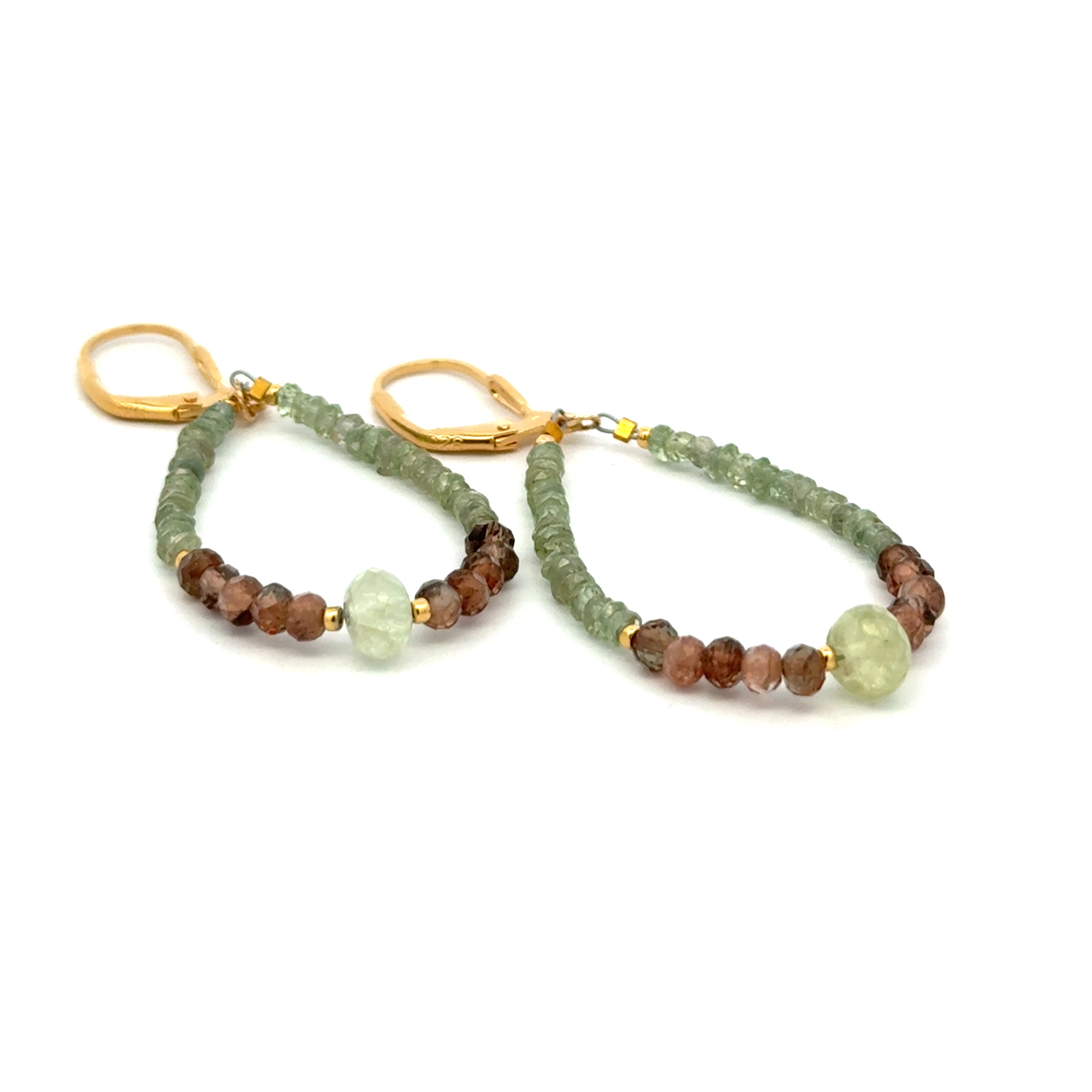 Gold Leverback Earrings with Green Garnet, Andalusite, Green Sapphire