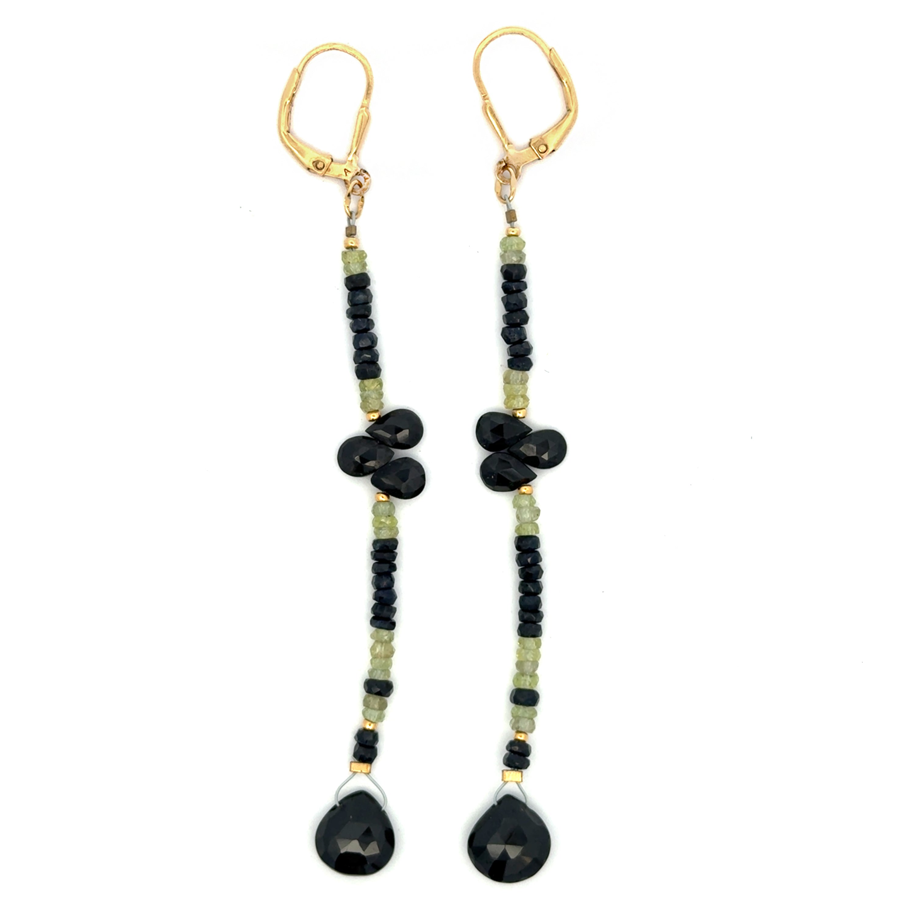 Gold Leverback Earrings with Black Sapphire, Green Sapphire, Black Spinel Brios