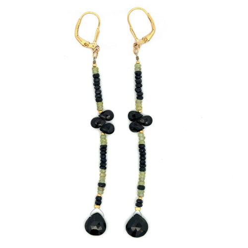Gold Leverback Earrings with Black Sapphire, Green Sapphire, Black Spinel Brios