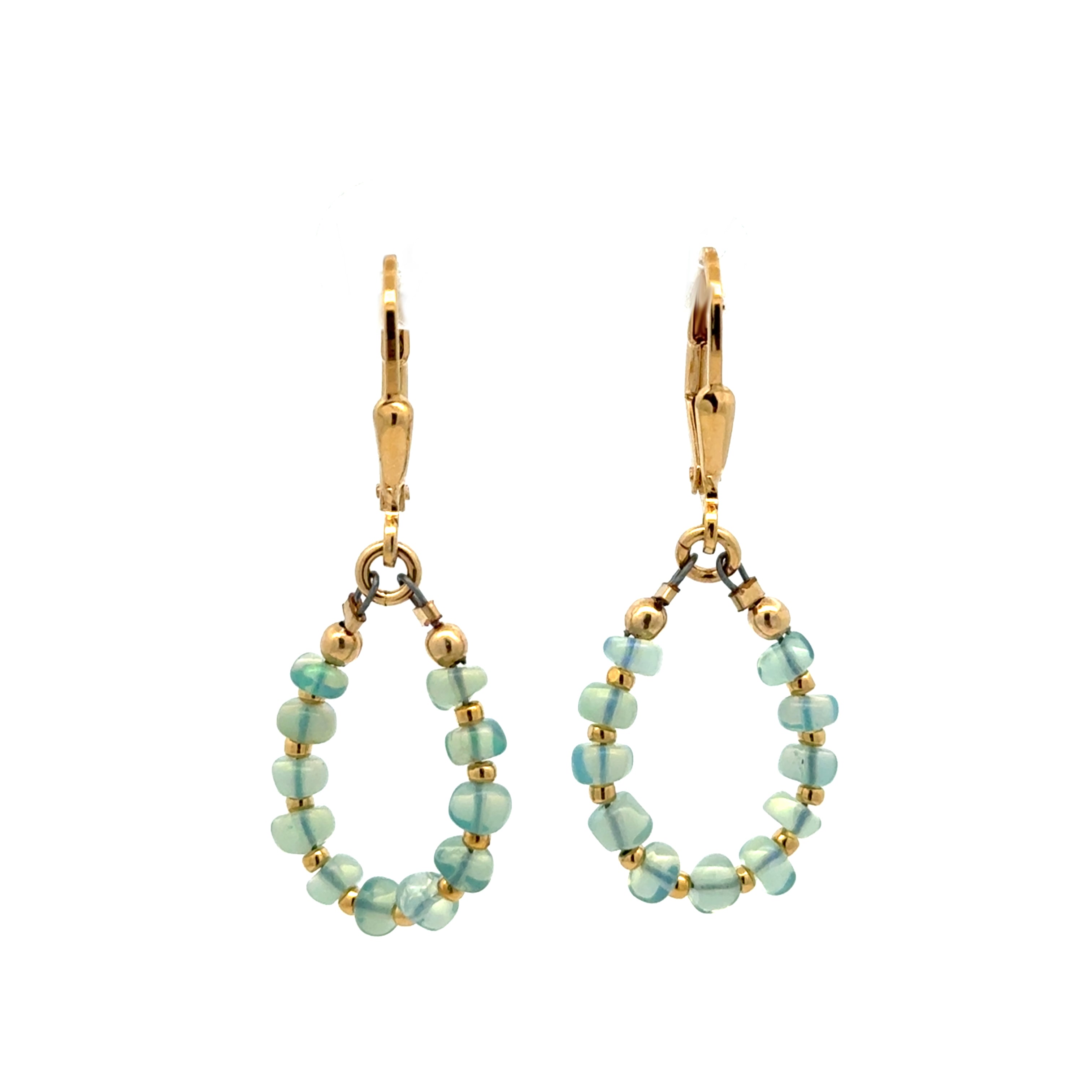 Gold Leverback Earrings with Blue Opal, Tiny