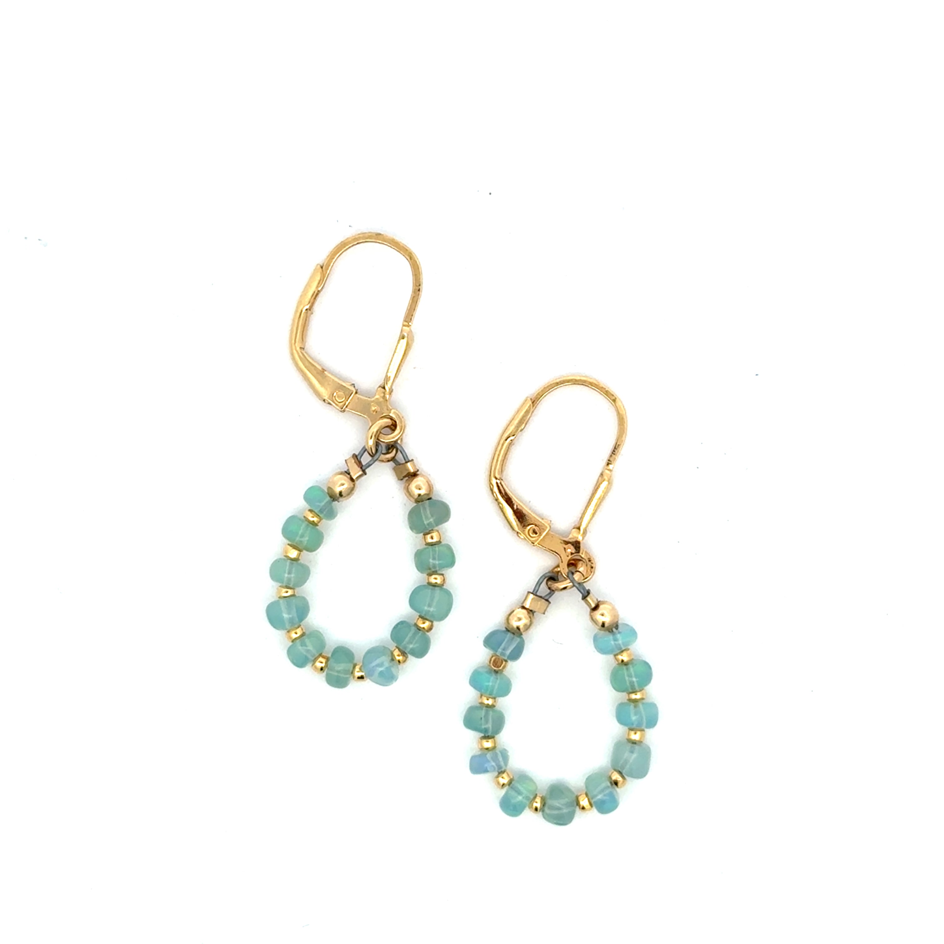 Gold Leverback Earrings with Blue Opal, Tiny