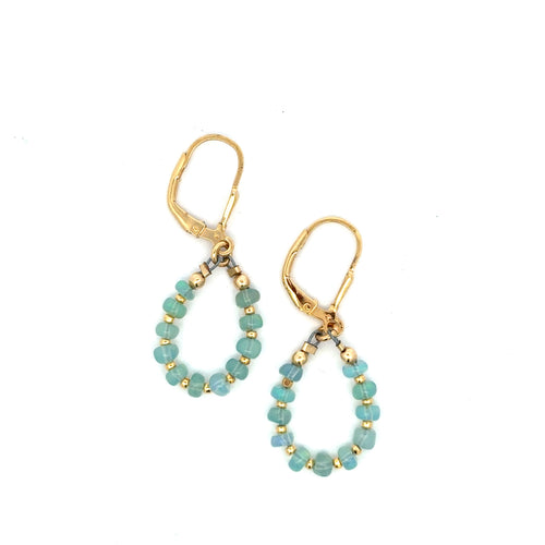 Gold Leverback Earrings with Blue Opal, Tiny