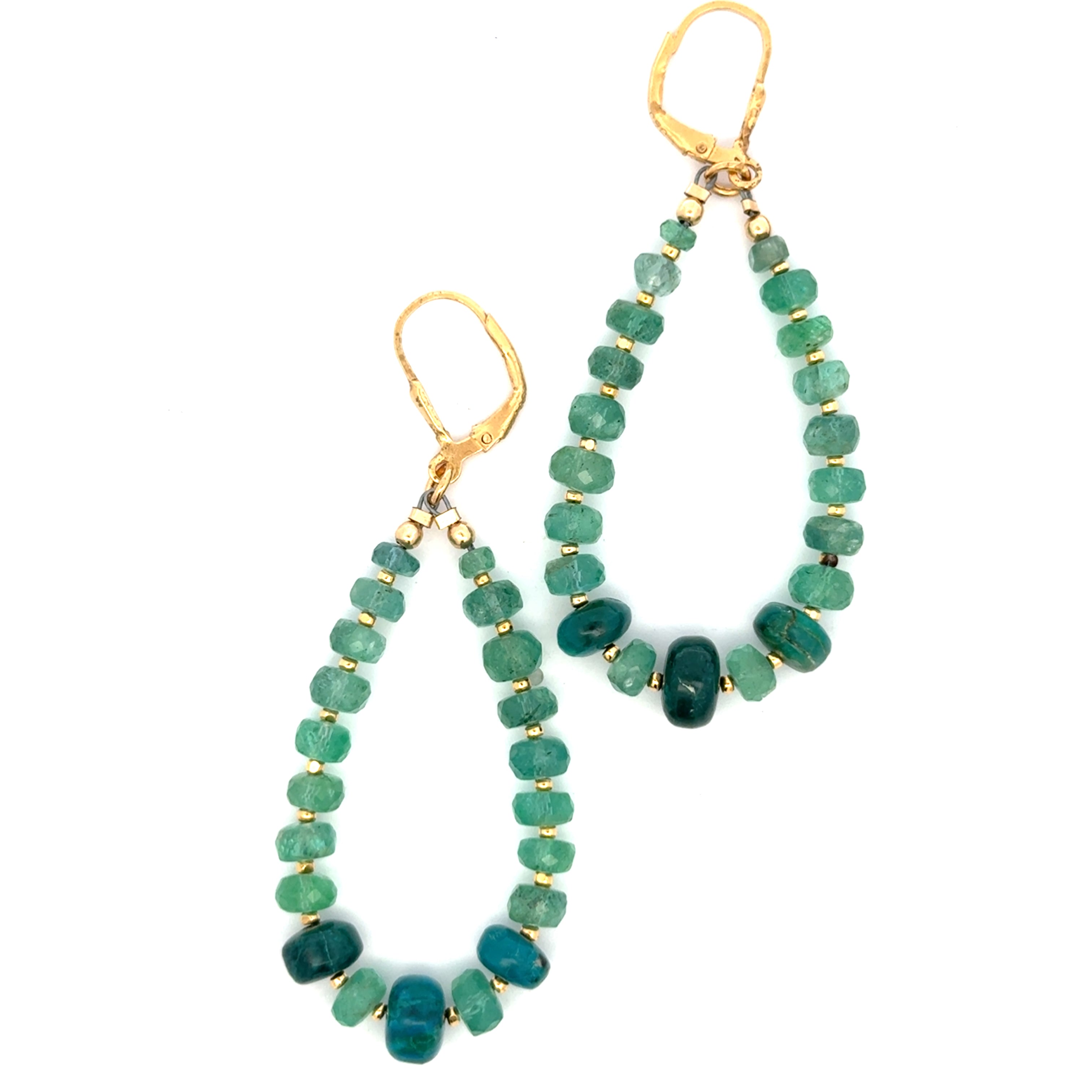 Gold Leverback Earrings with Chrysocolla & Emerald