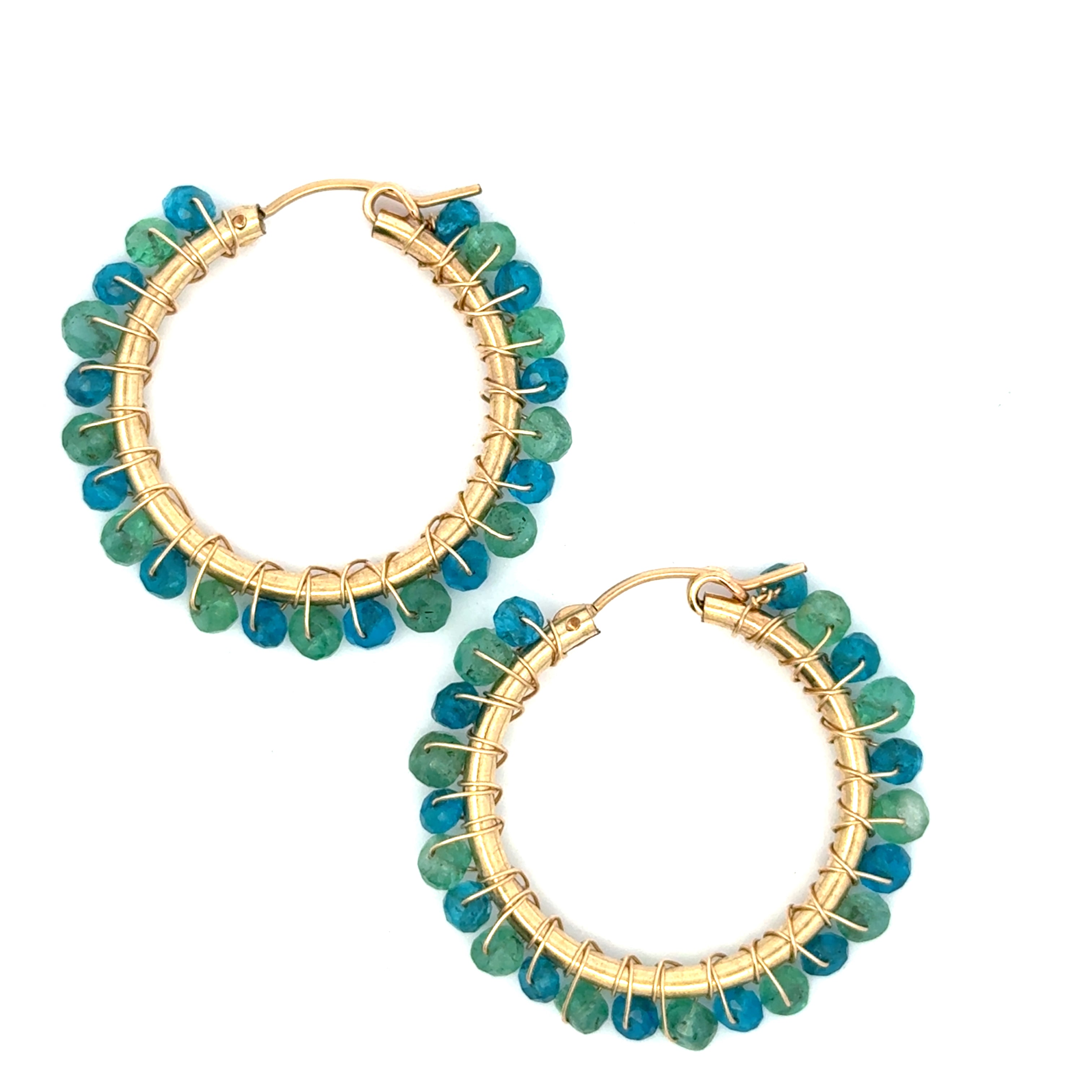 Gemstone Wrapped Hoop Earring - Emerald, Dark Apatite