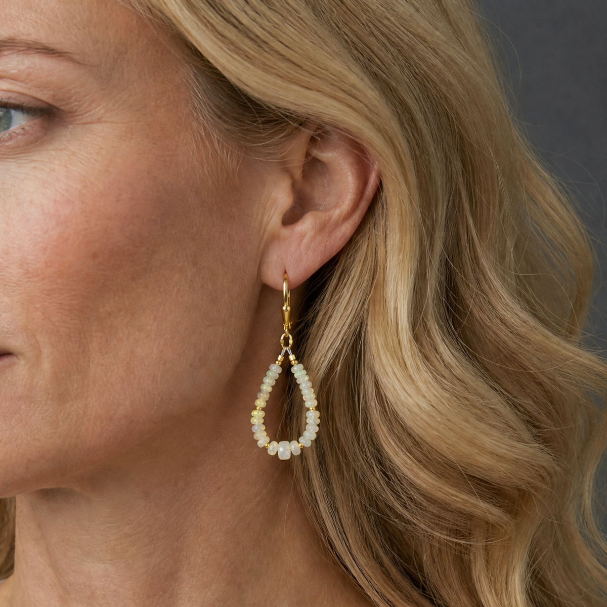 Gold Leverback Earrings with White Opal Loop