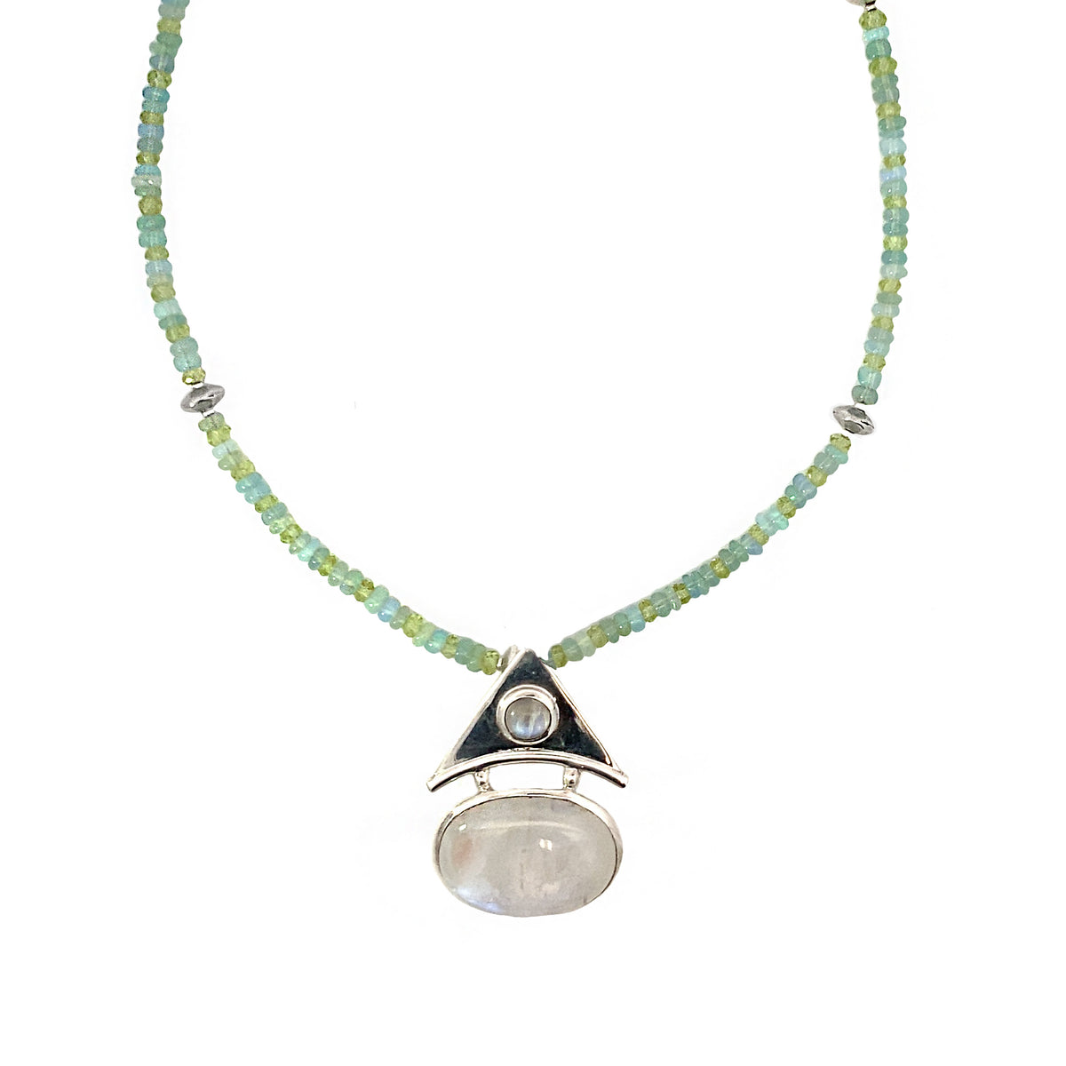 Silver Adjustable Necklace of Opal and Peridot with Moonstone Pendant