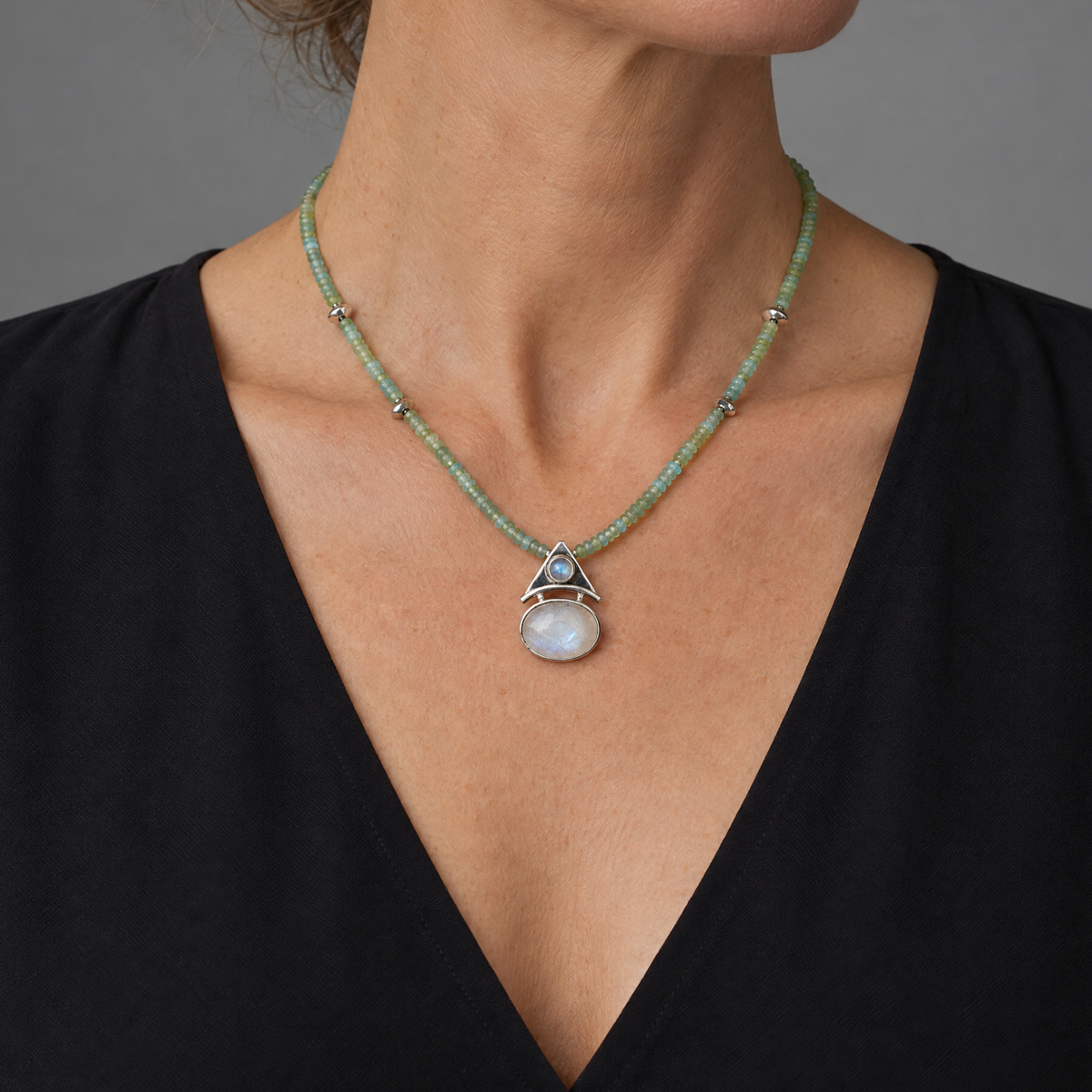 Silver Adjustable Necklace of Opal and Peridot with Moonstone Pendant