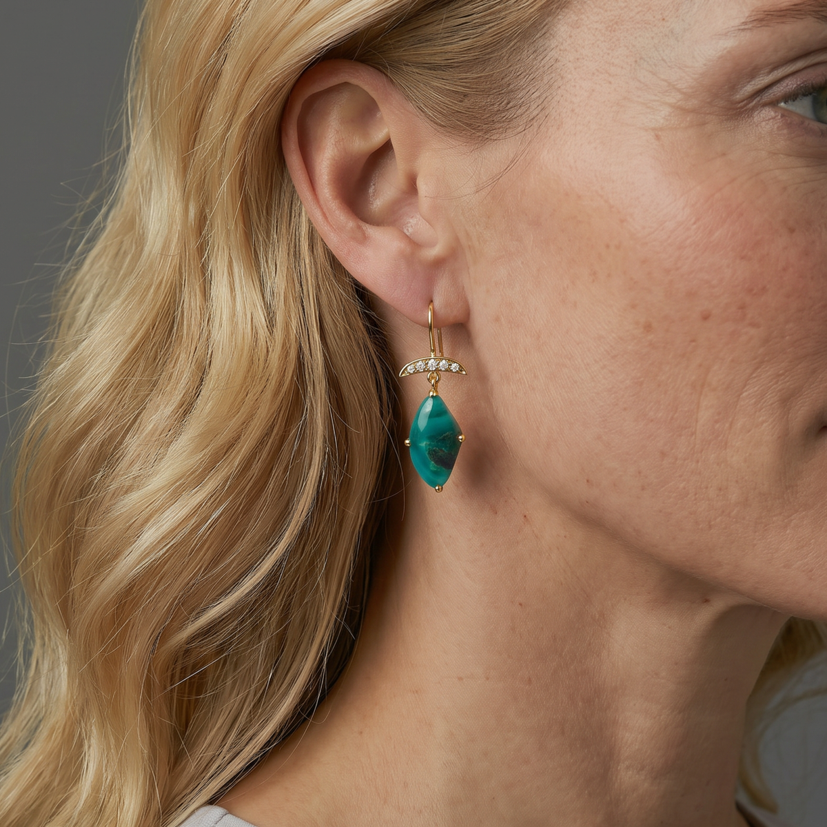 14k Gold Gem Silica Chrysocolla and Diamond Earrings