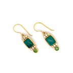 Gold earrings with green gemstones on a white background