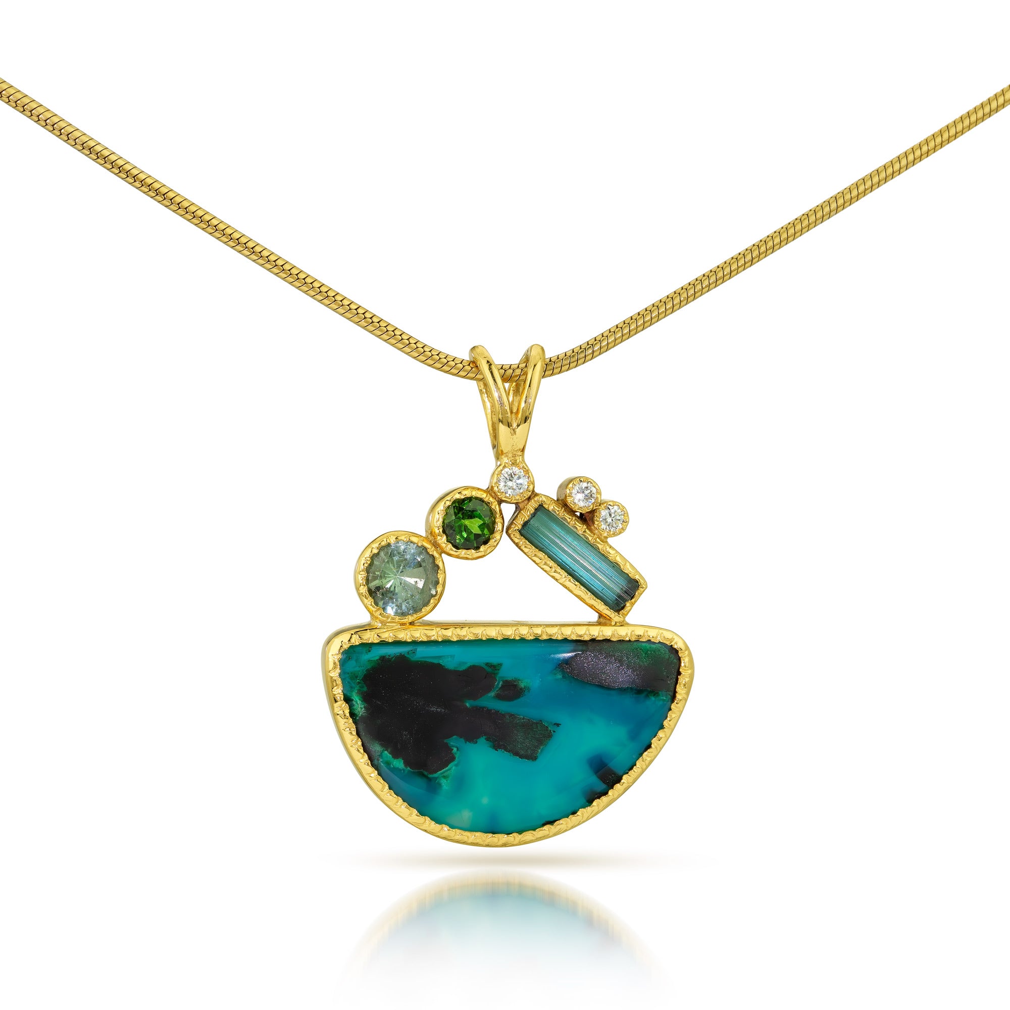 14k Gold Gem Silica and Tourmaline Pendant