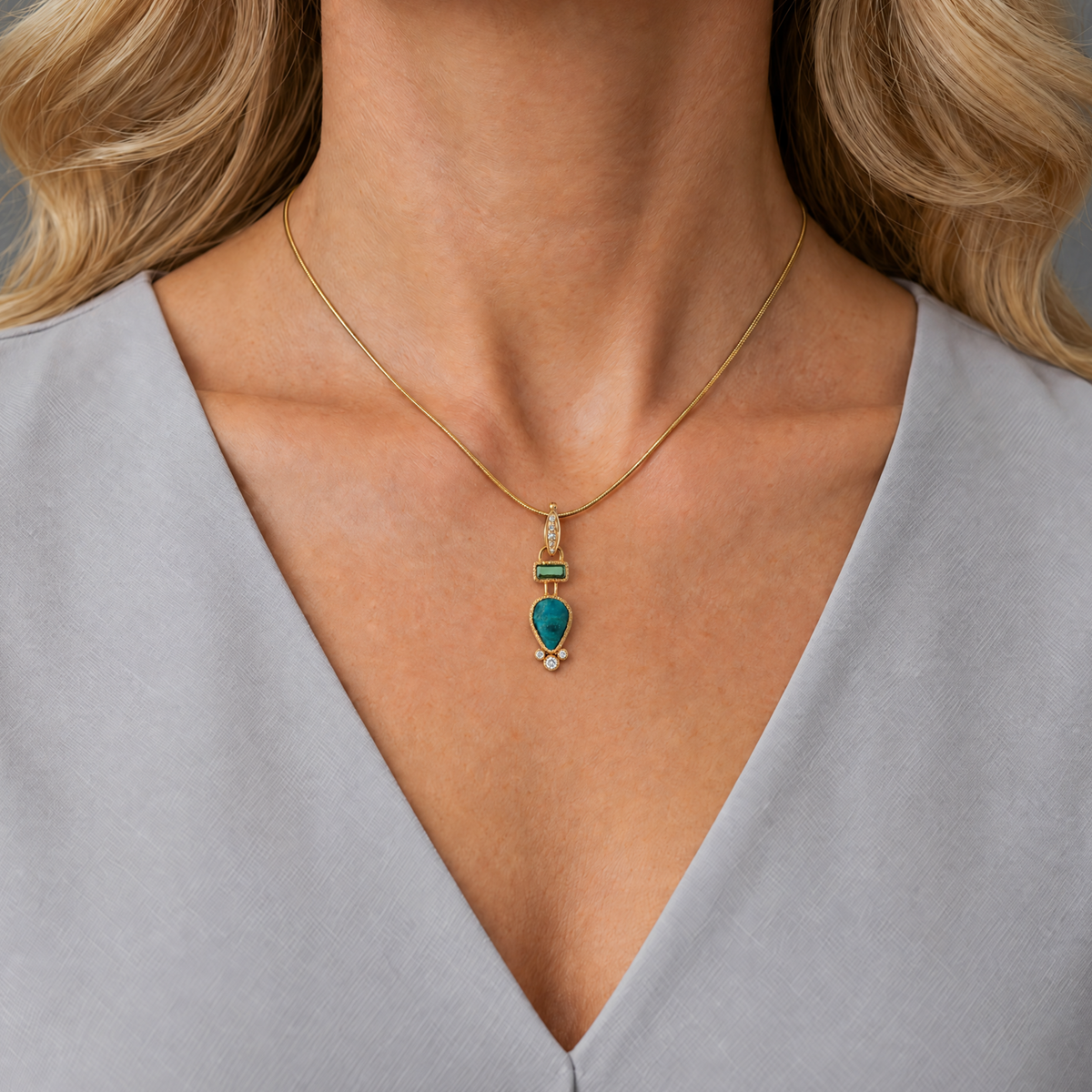 14k Gold Gem Silica and Tourmaline Pendant
