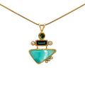 14k gold gem silica pendant with tourmalines and diamonds.