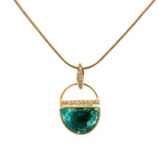 A gold necklace with a semi-circular gem silica pendant featuring diamond accent stones, shown on a plain white background.